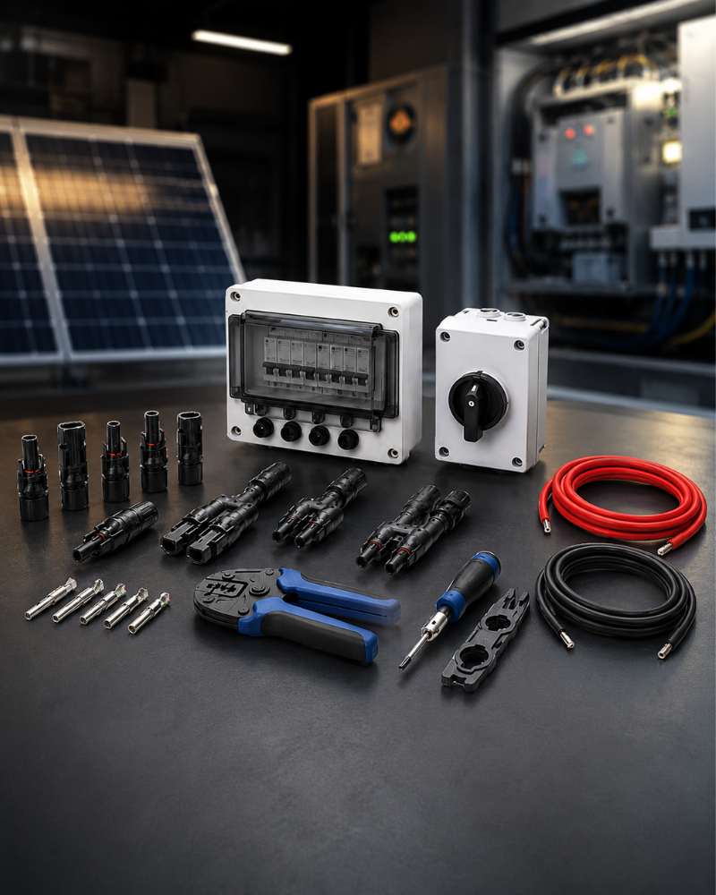 Solar installation kit with MC4 connectors, DC protection components, cables and tools in Qatar
