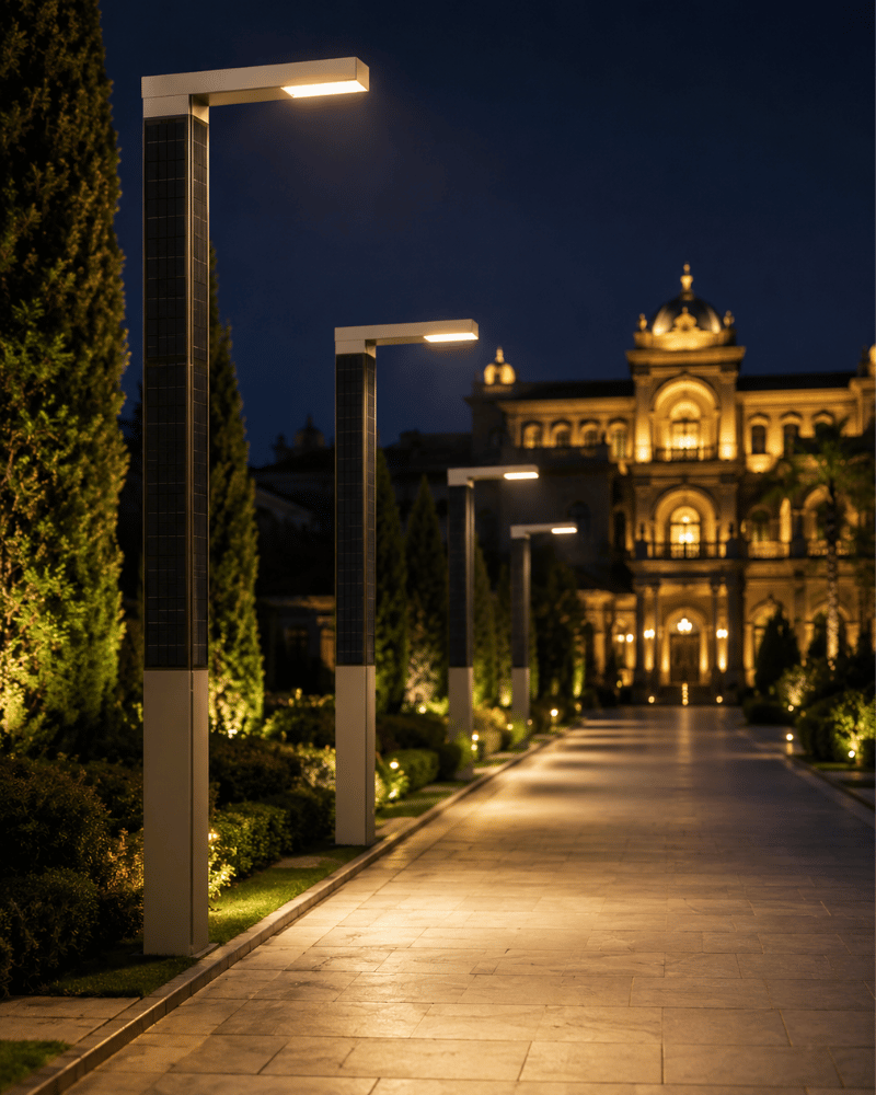 Premium solar lighting installed along a luxury outdoor pathway in Qatar