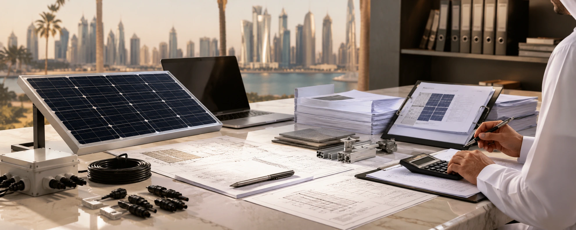 Solar equipment sourcing in Qatar with technical drawings, components and project specifications
