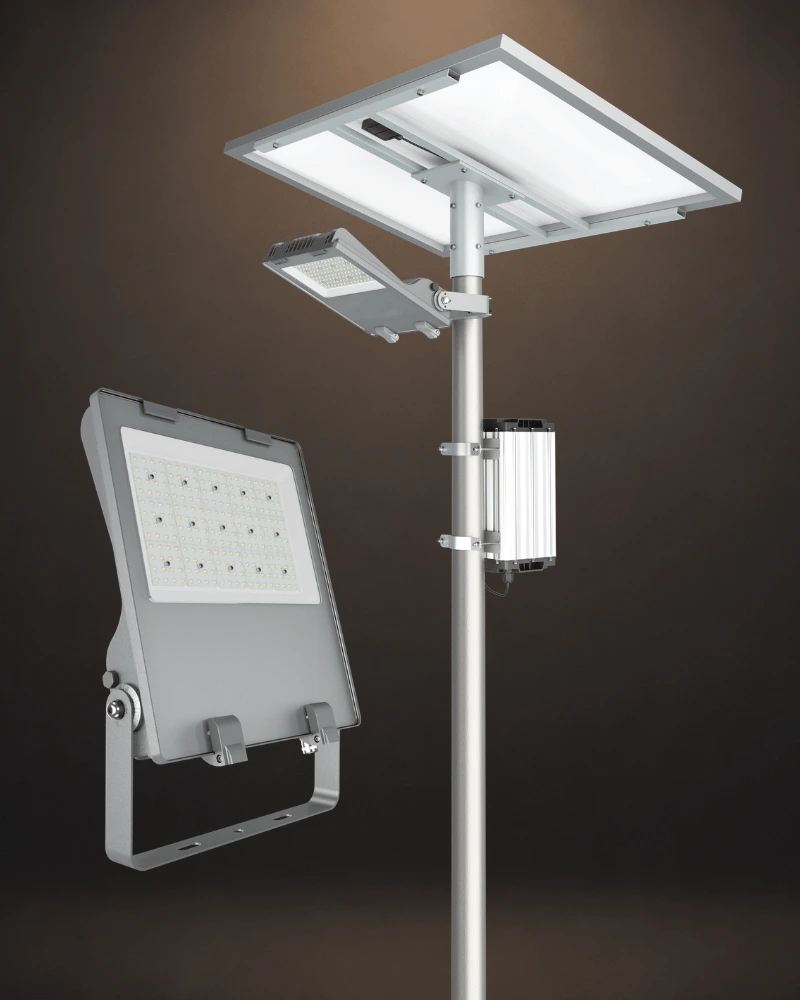 ZOOM industrial LED solar floodlights for high-mast lighting, industrial yards, logistics facilities and large outdoor areas in Qatar.